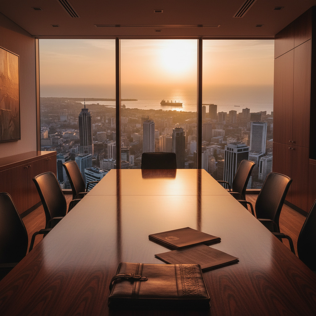 Nigerian corporate boardroom at dusk overlooking Port Harcourt