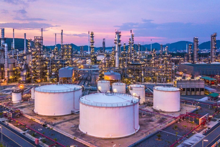 Nigerian gas processing facility at sunset