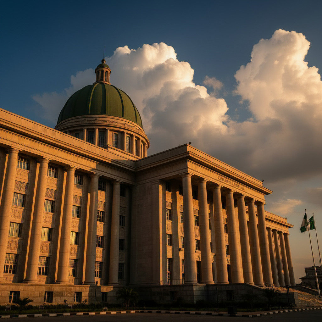 Nigerian National Assembly building in Abuja at dramatic angle