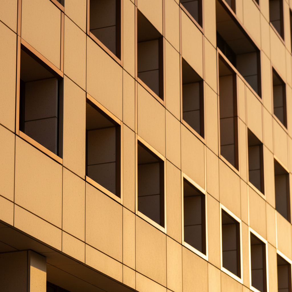Modern Nigerian government building facade with geometric concrete panels