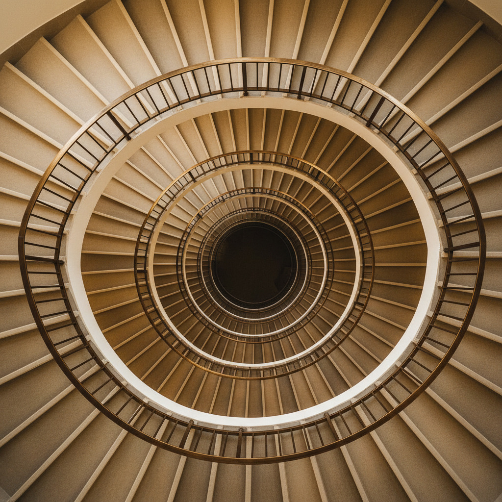 Spiral staircase with bronze railings representing structured transformation