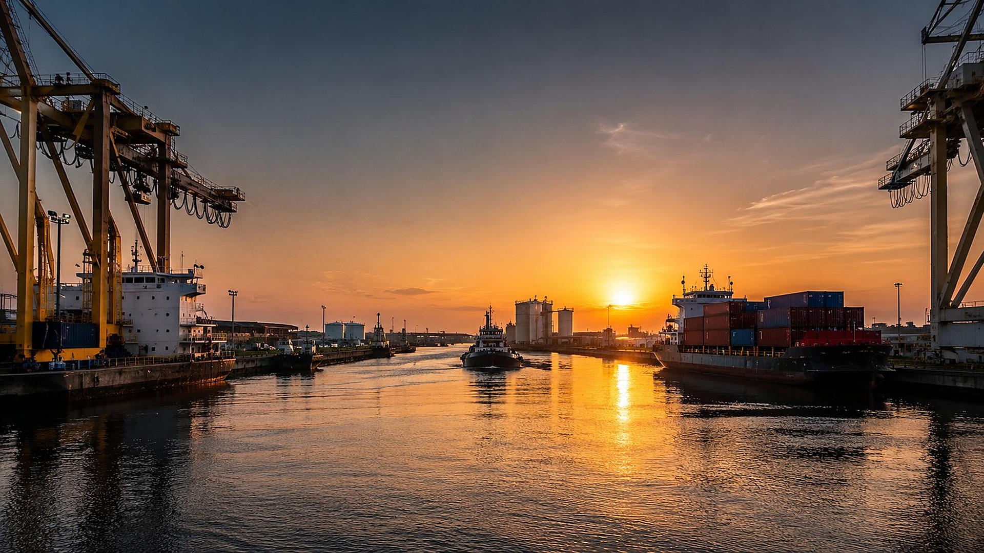 Nigerian port at sunset with commercial shipping and trade activity