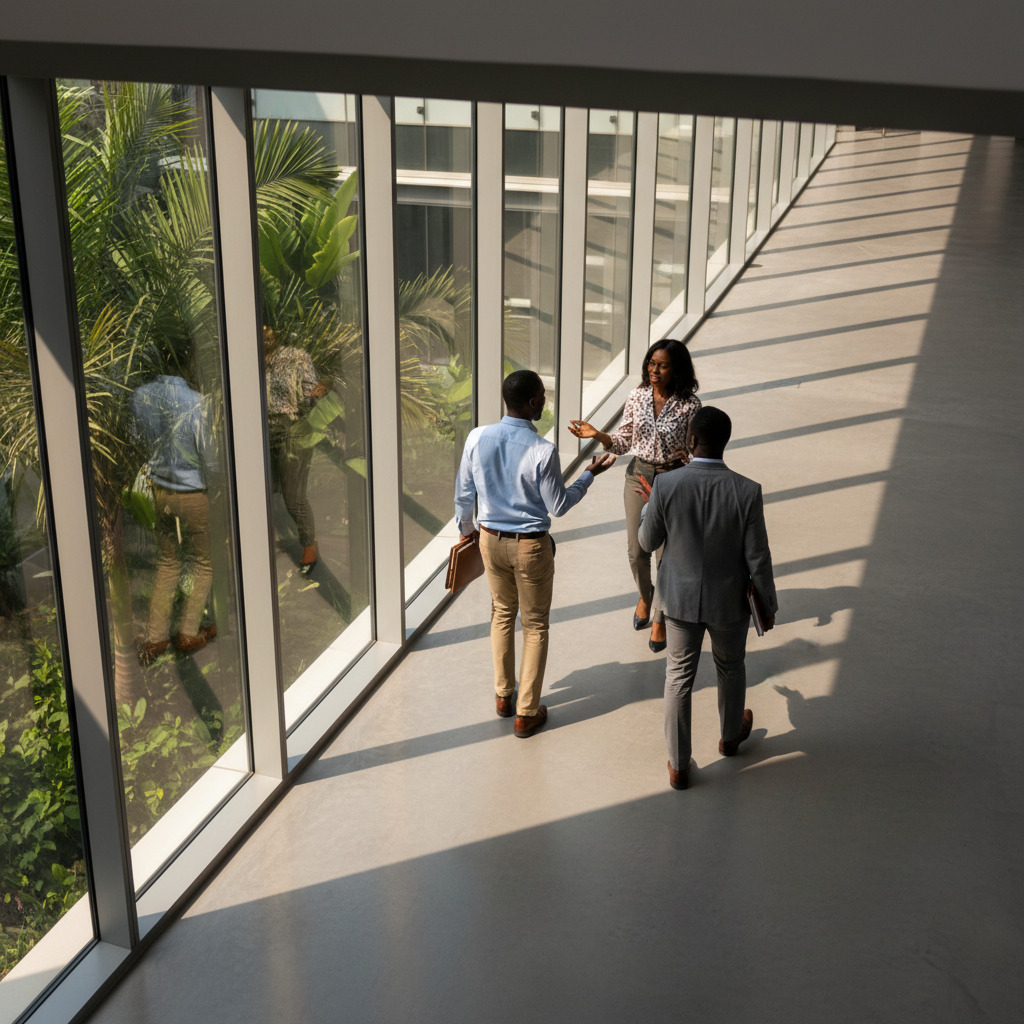 Nigerian professionals in modern office corridor
